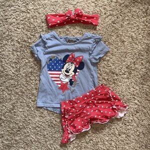 4t girls 3-piece Minnie Mouse patriotic shorts and T-shirt with headband